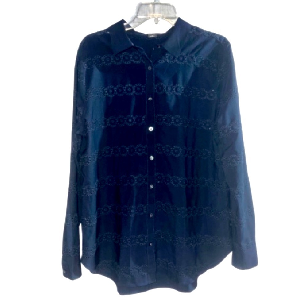 Ann Taylor Navy Blue Eyelet Long Sleeve Button Down Career Blouse‎ Plus Size 14